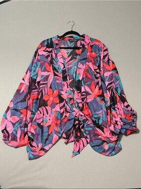 Colleen Lopez Floral Tie-Front Blouse in Pink & Teal 3x